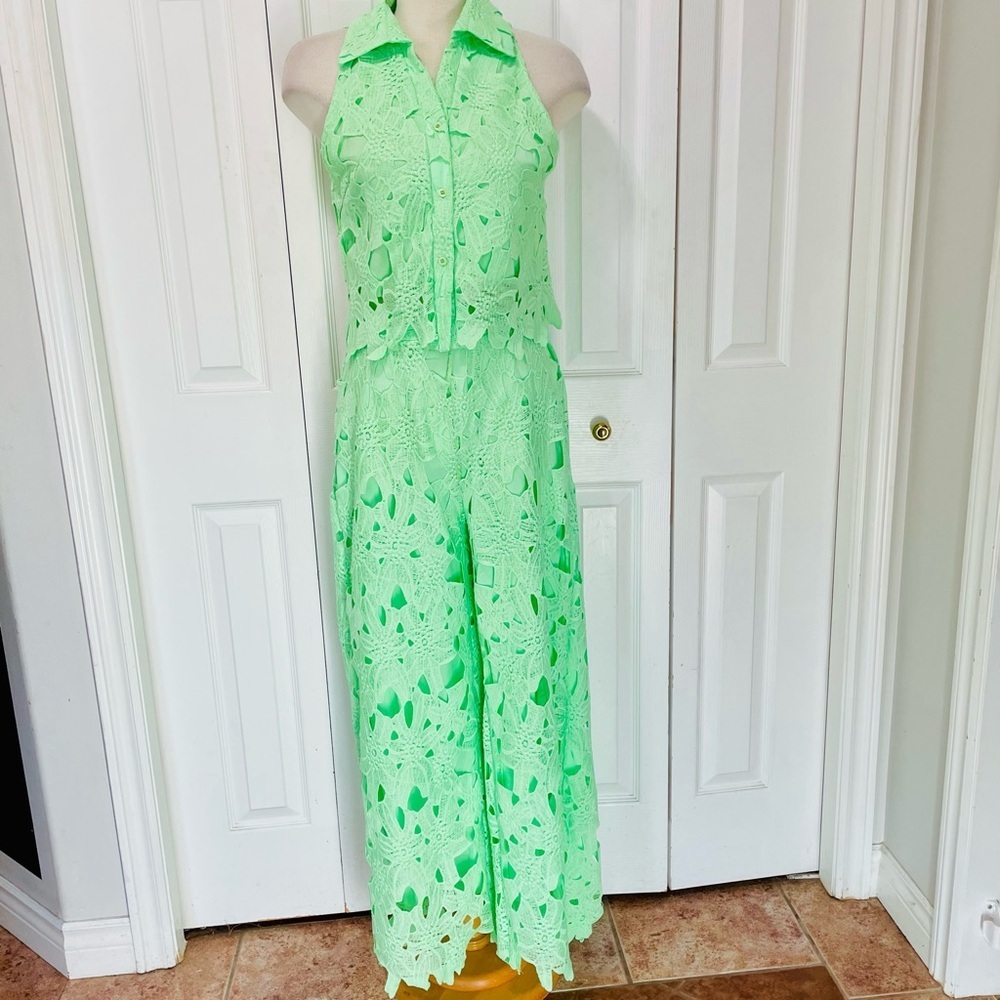 Vintage 70s Two Piece Green Eyelet Lace Sleeveless Jumpsuit